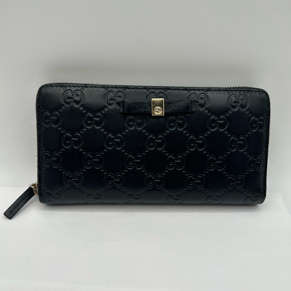 GUCCI Bow Zip Around Guccissima Leather Long Wallet Black Zippy Authentic